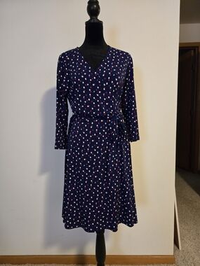 Leota Navy Wrap Midi Dress with Pink and White Polka Dot Print